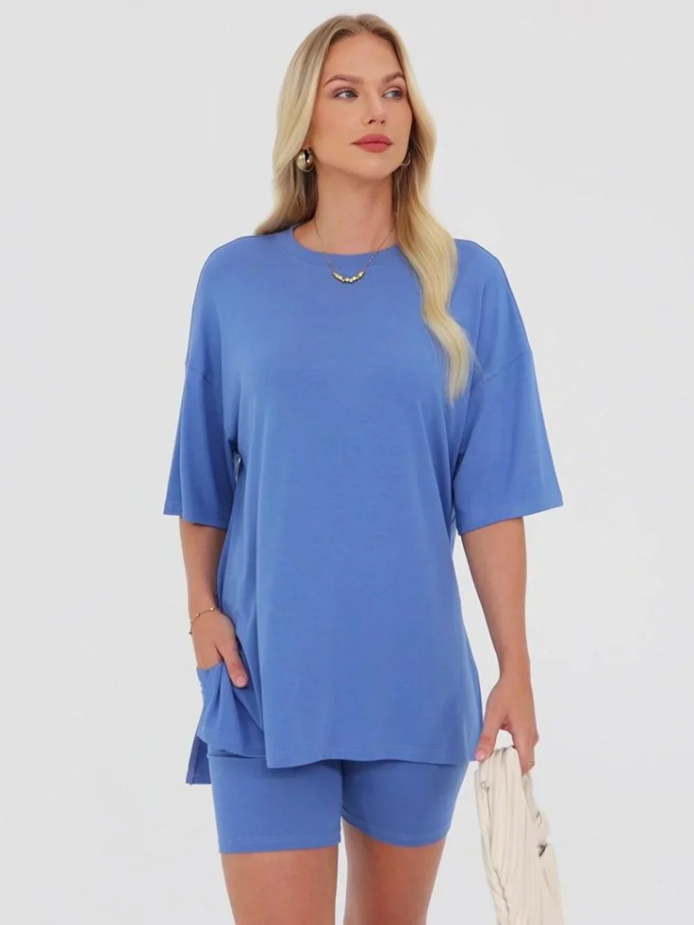 Women's Lounge Set 2 Piece High Waisted Biker Shorts Oversized Tee Travel Outfit